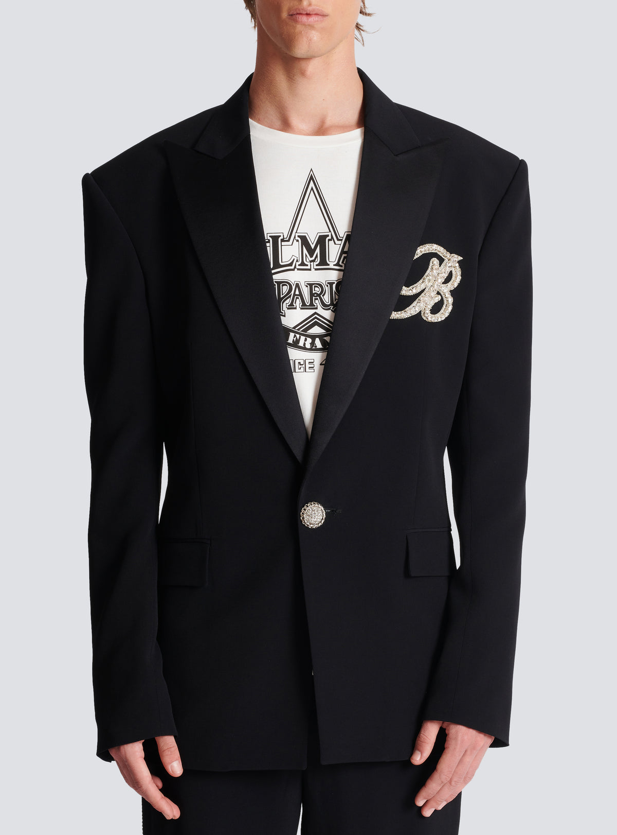 Veste 1 bouton en crêpe et satin - Noir & Cristal