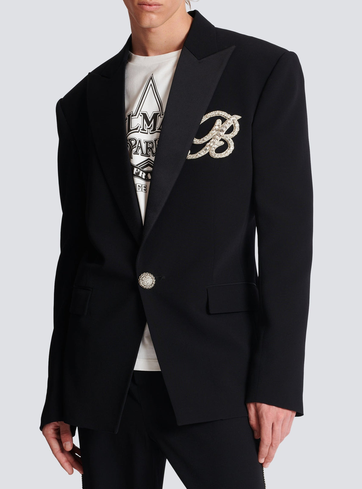 Veste 1 bouton en crêpe et satin - Noir & Cristal