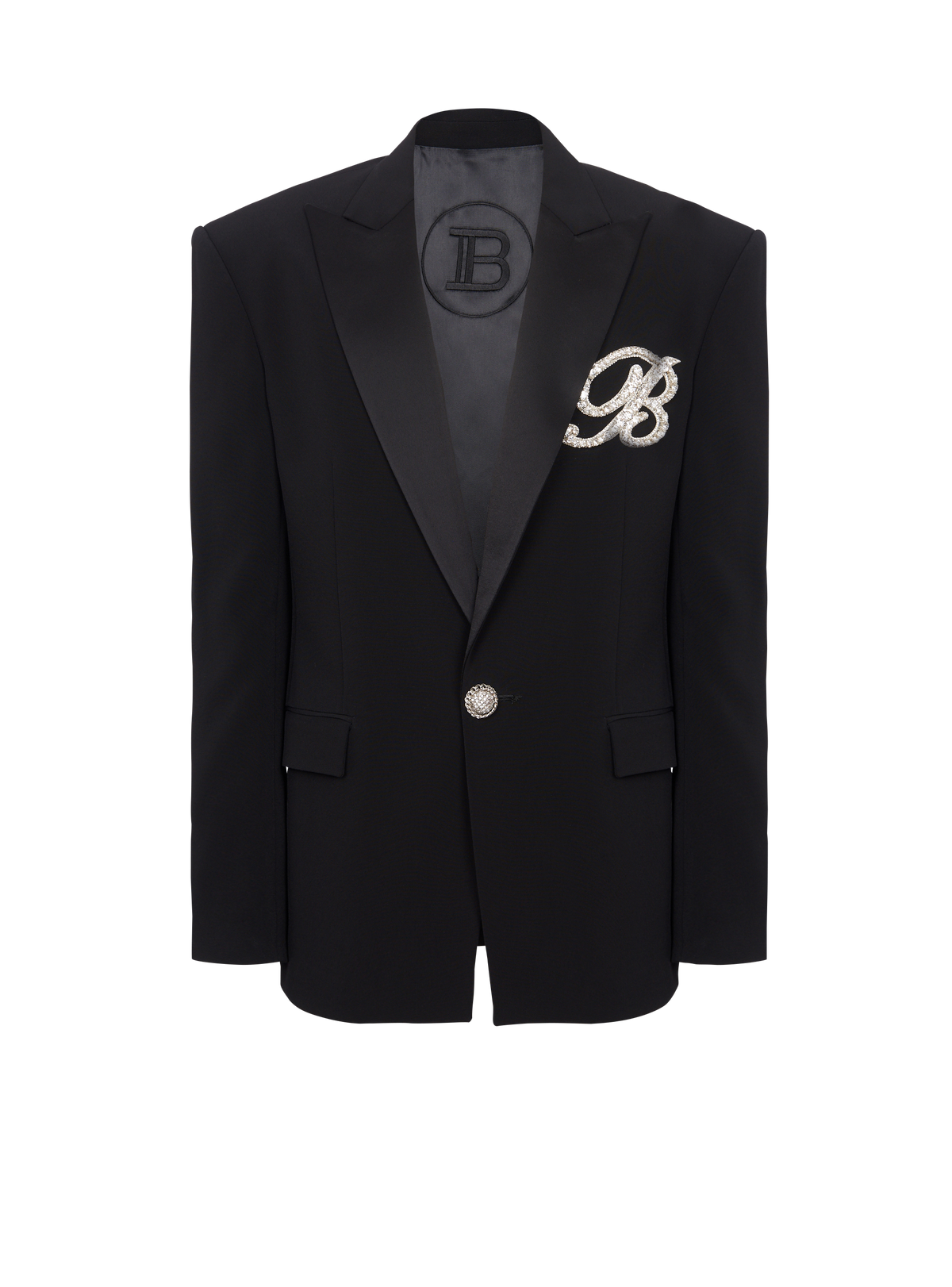 Veste 1 bouton en crêpe et satin - Noir & Cristal