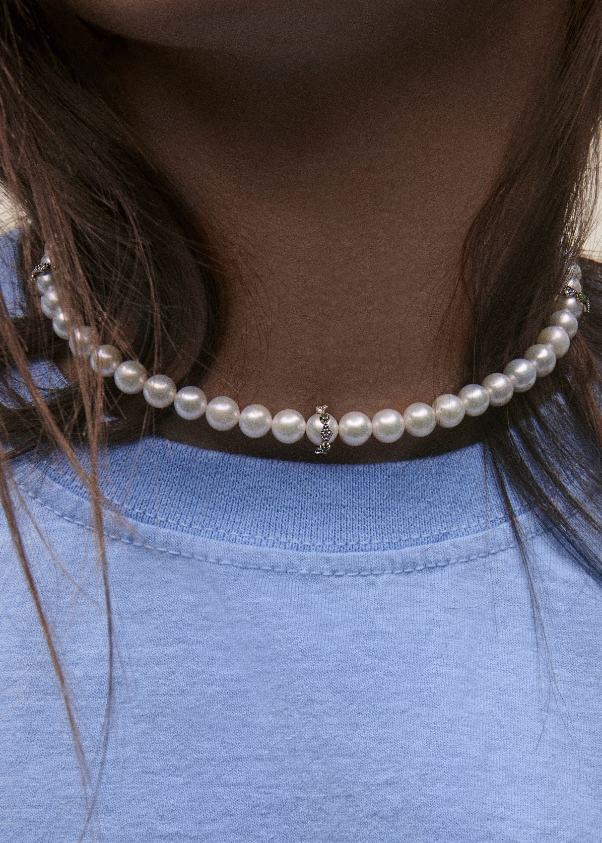 Chelsea N°2 necklace in yellow and white gold set with diamonds - Emerald & Pearl