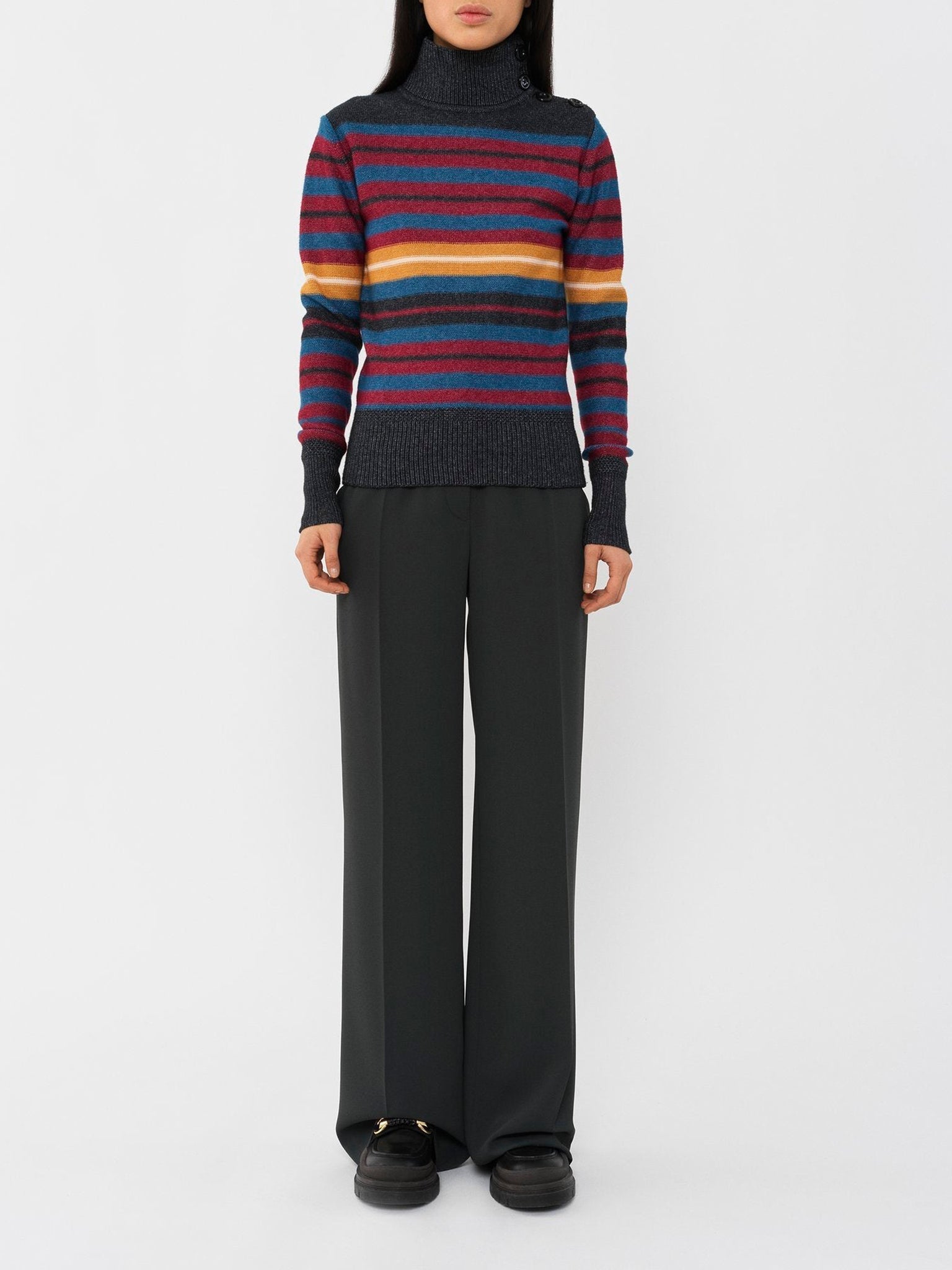 Pull col montant à rayures - Multicolor