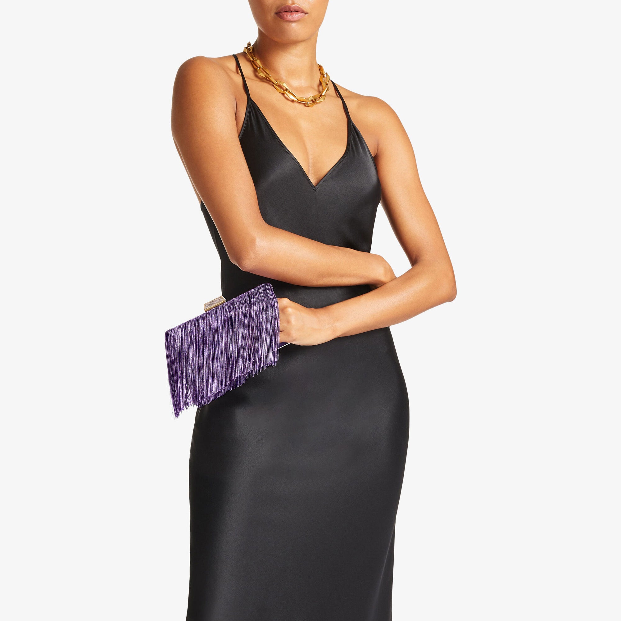 Pochette Clemmie en satin avec frange et chaîne - Cassis