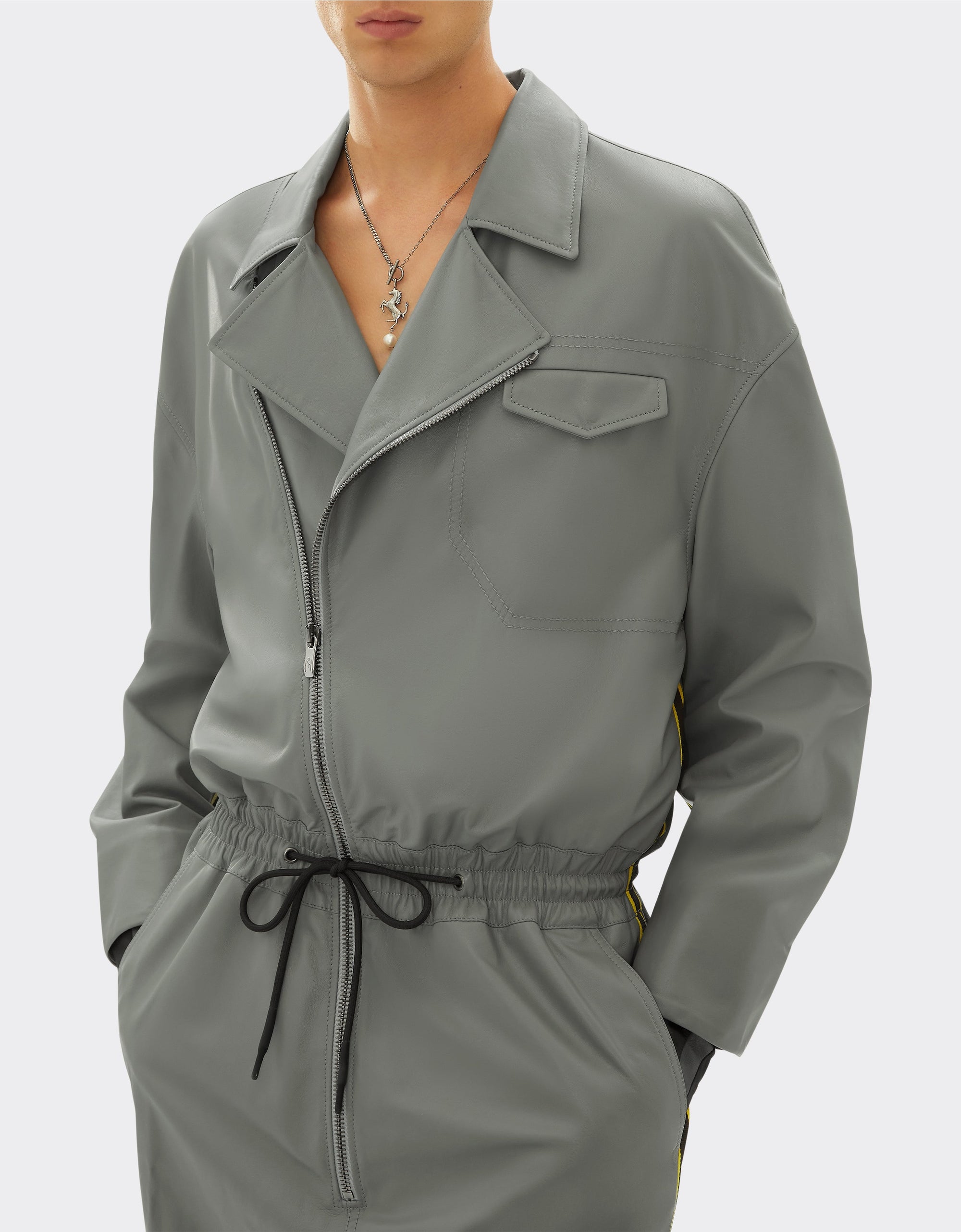 Coverall with leather zip - Grigio