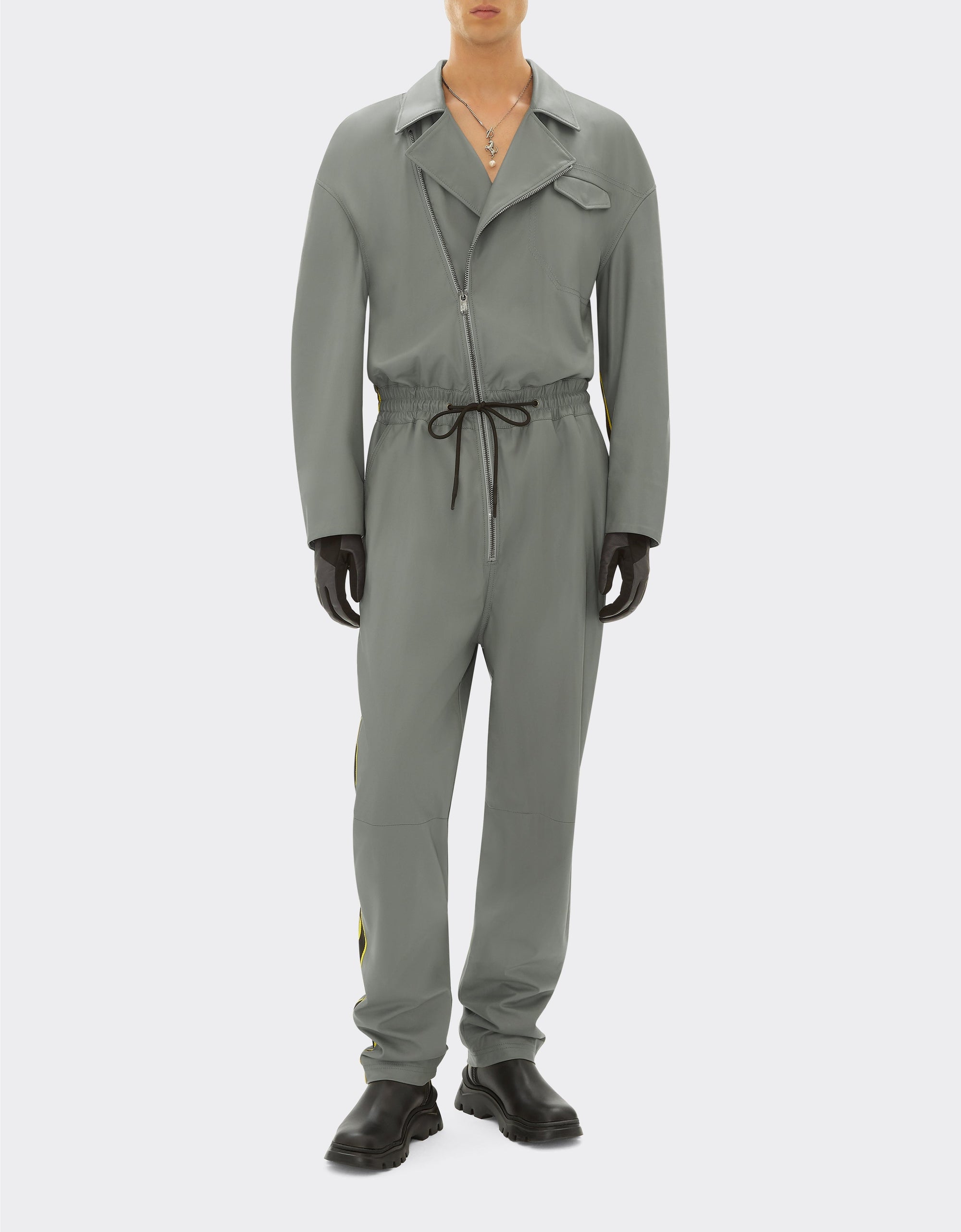 Coverall with leather zip - Grigio