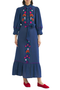 Robe longue brodée à la main Clotilda - Blue