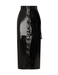 Jupe mi-longue avec boutonnière en cuir verni - Nero