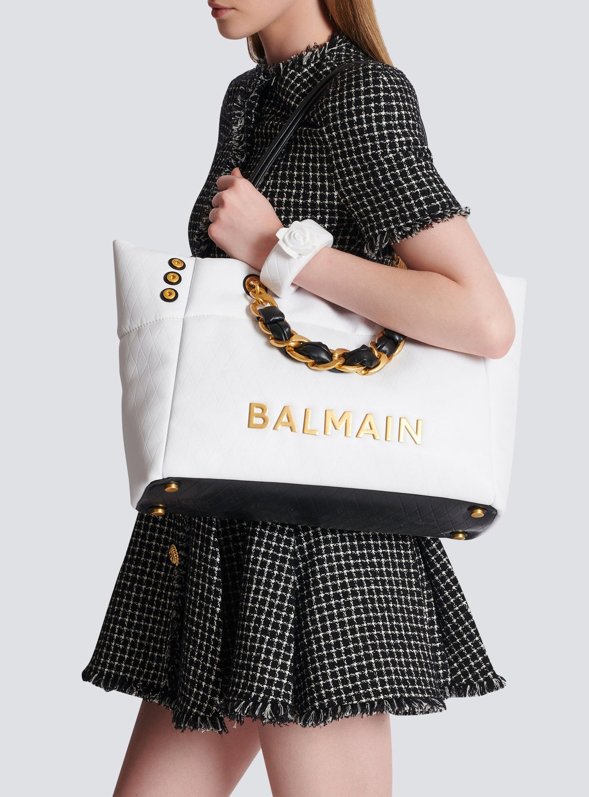 Sac cabas 1945 Soft en cuir de veau embossé - Blanc & Noir