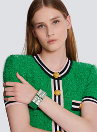 Manchette en laiton, strass et résine  - Cristal & Vert Emeraude