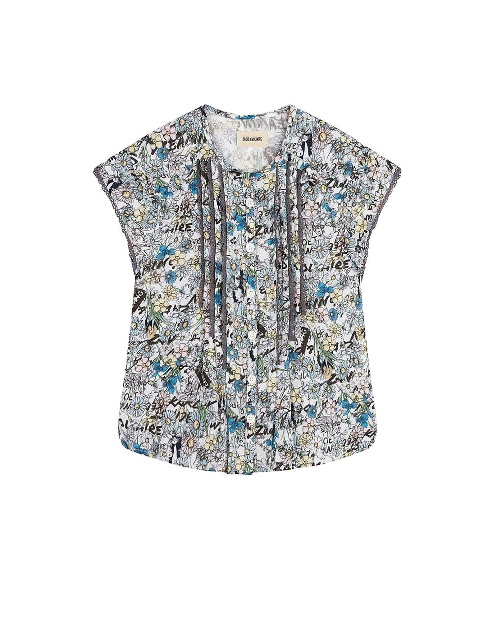 Blouse en crêpe à imprimée all over fleurs - Ciel