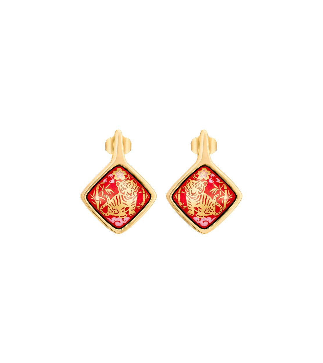 Square enamel and gold earrings - Red & gold