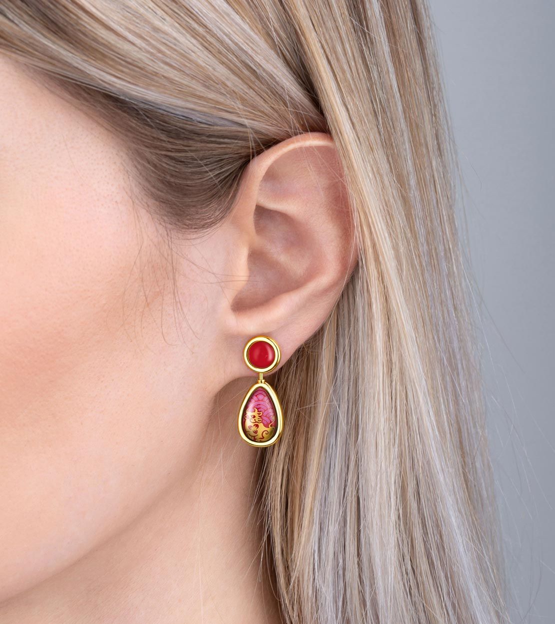 Enamel and gold-plated Capri earrings - Red & gold
