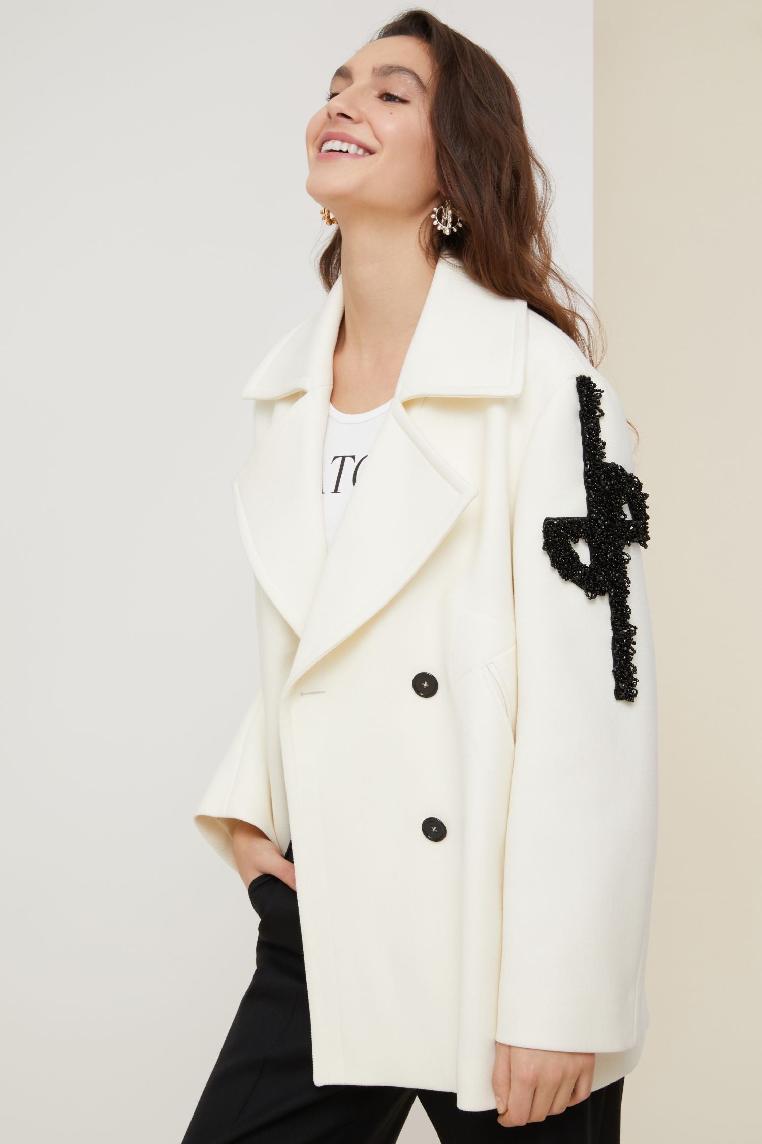 Wool pea jacket with pearl logo - Pearl