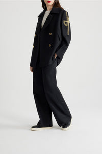 Caban oversize à logo brodé en laine - Noir