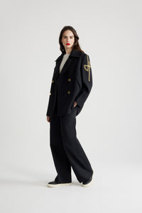 Black / Caban en laine oversize à logo brodé