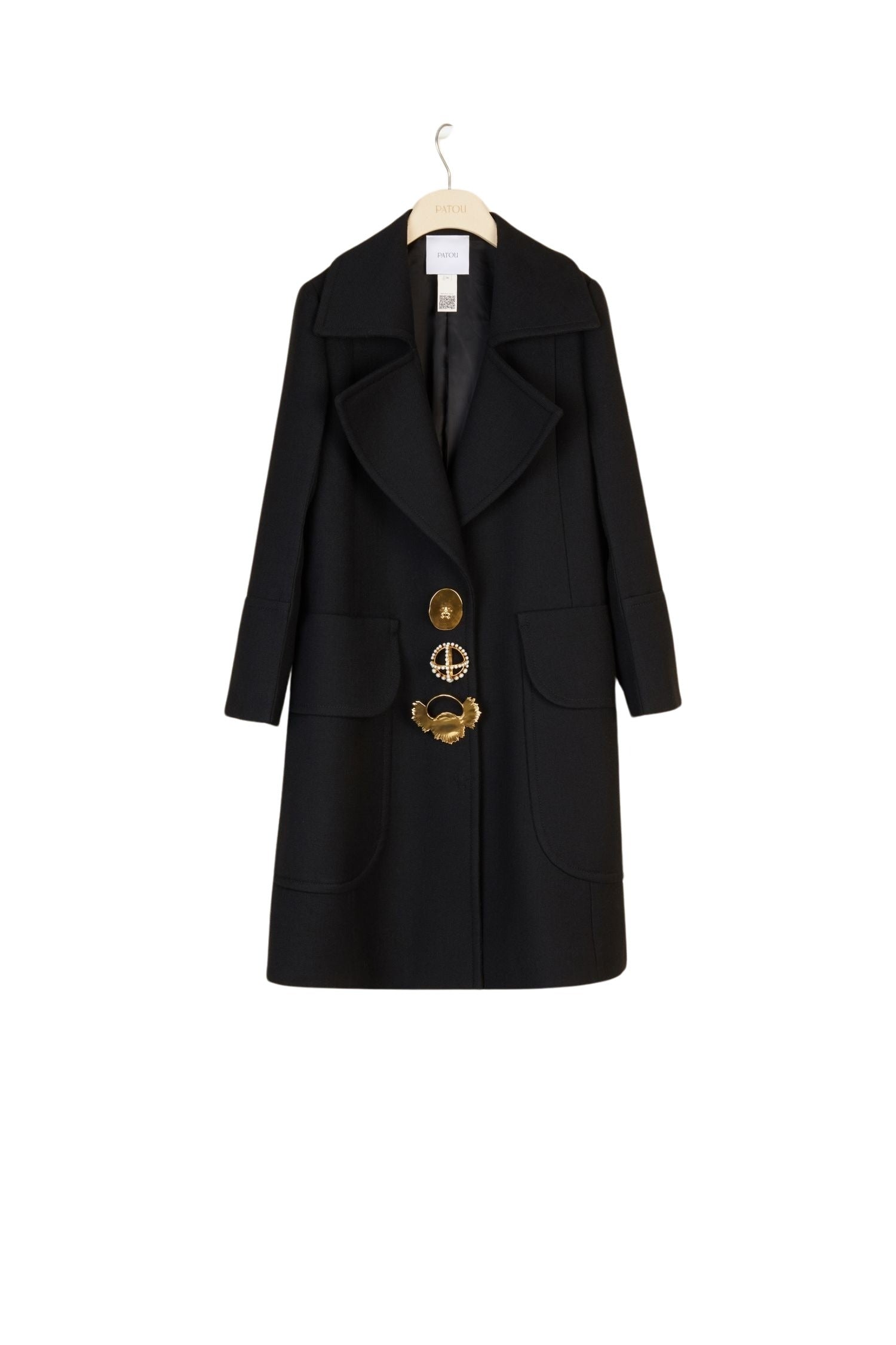 Long coat decorated with wool brooches - Black