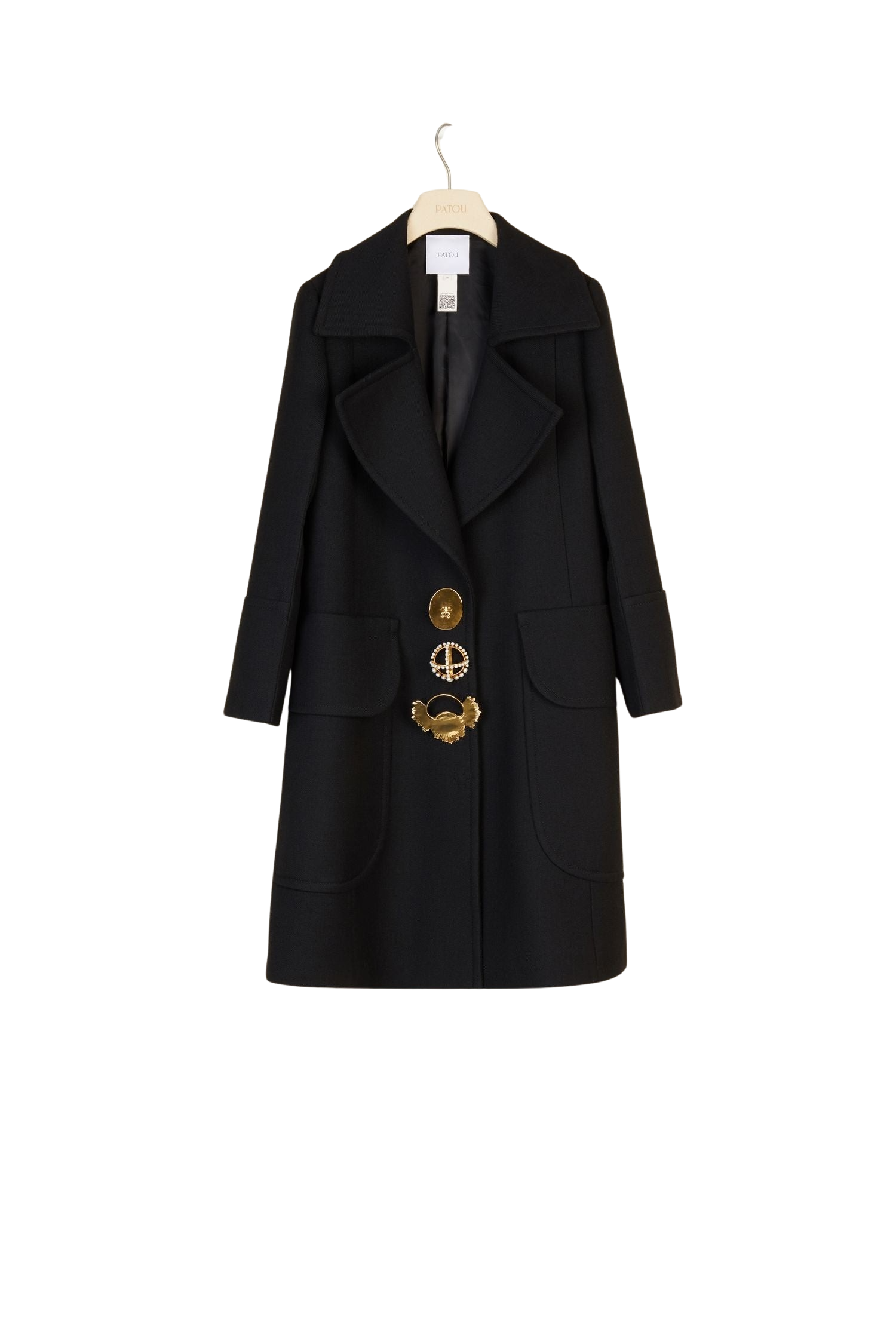 Manteau long décoré de broches en laine - Noir