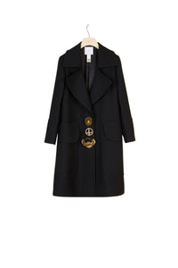 Manteau long décoré de broches en laine - Noir