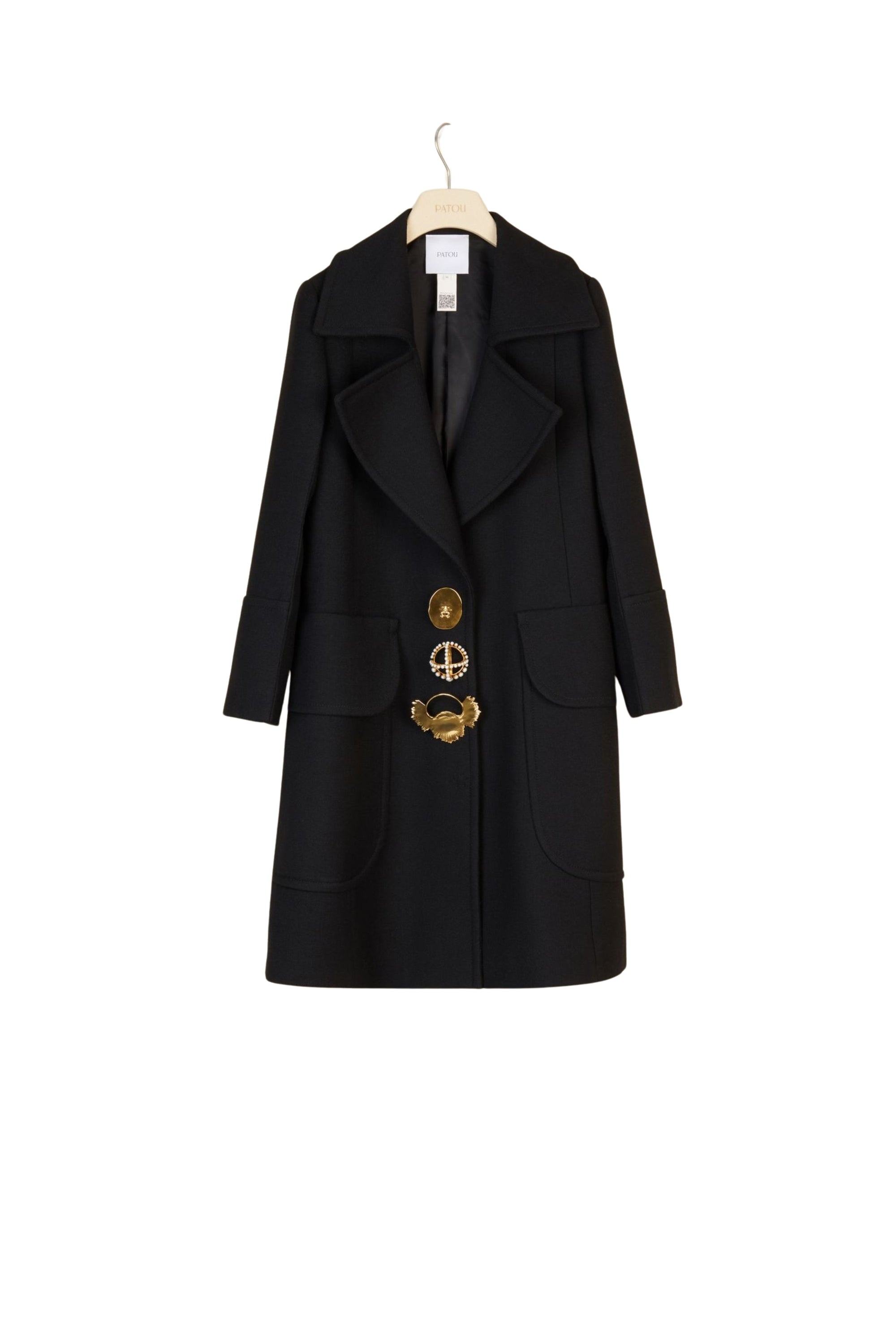 Manteau long décoré de broches en laine - Noir