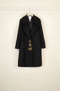 Manteau long décoré de broches en laine - Noir