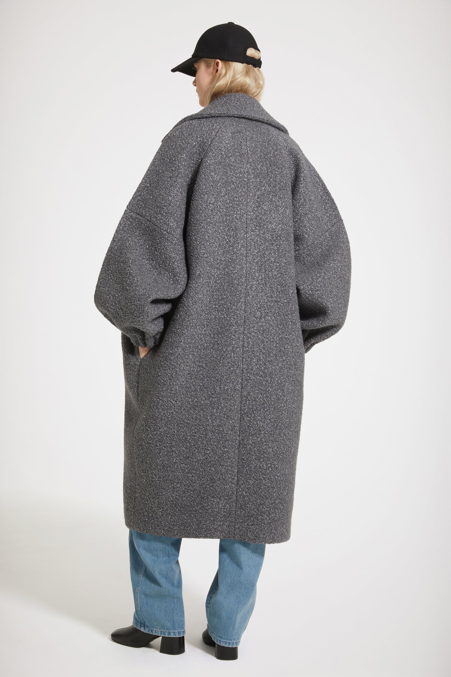 Manteau cocon en laine bouclée mélangée - Gris Anthracite