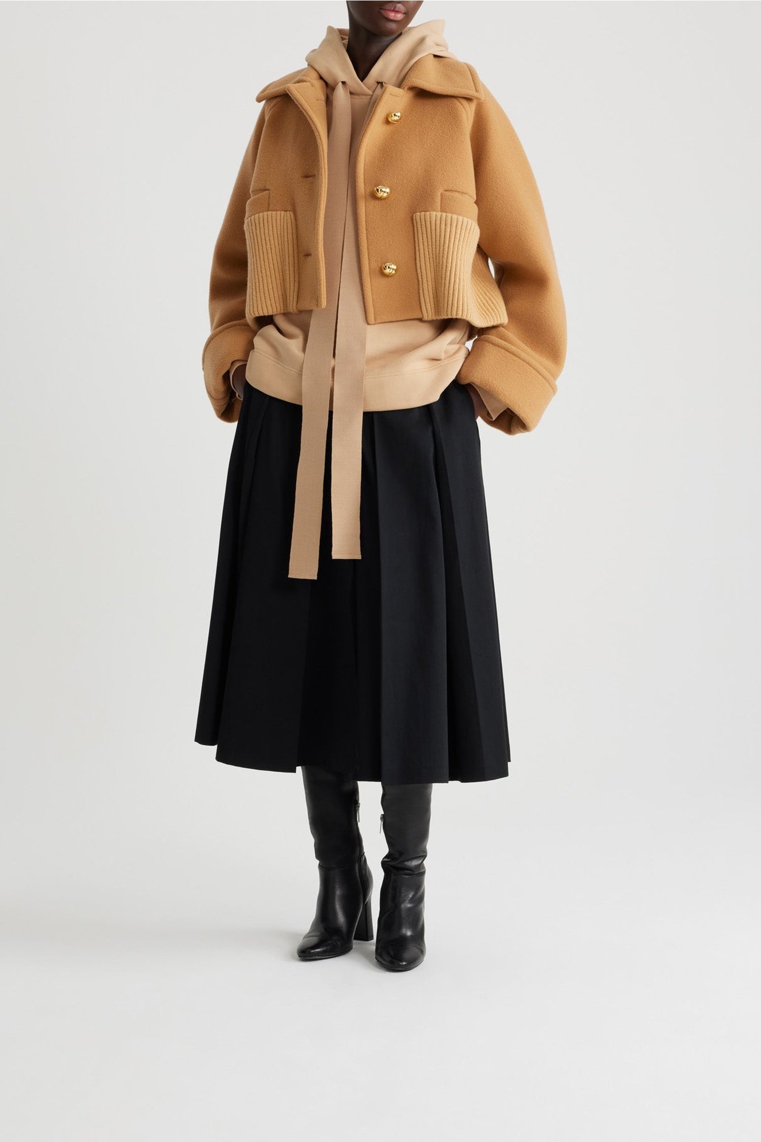 Manteau court côtelé en laine et cachemire - Biscuit