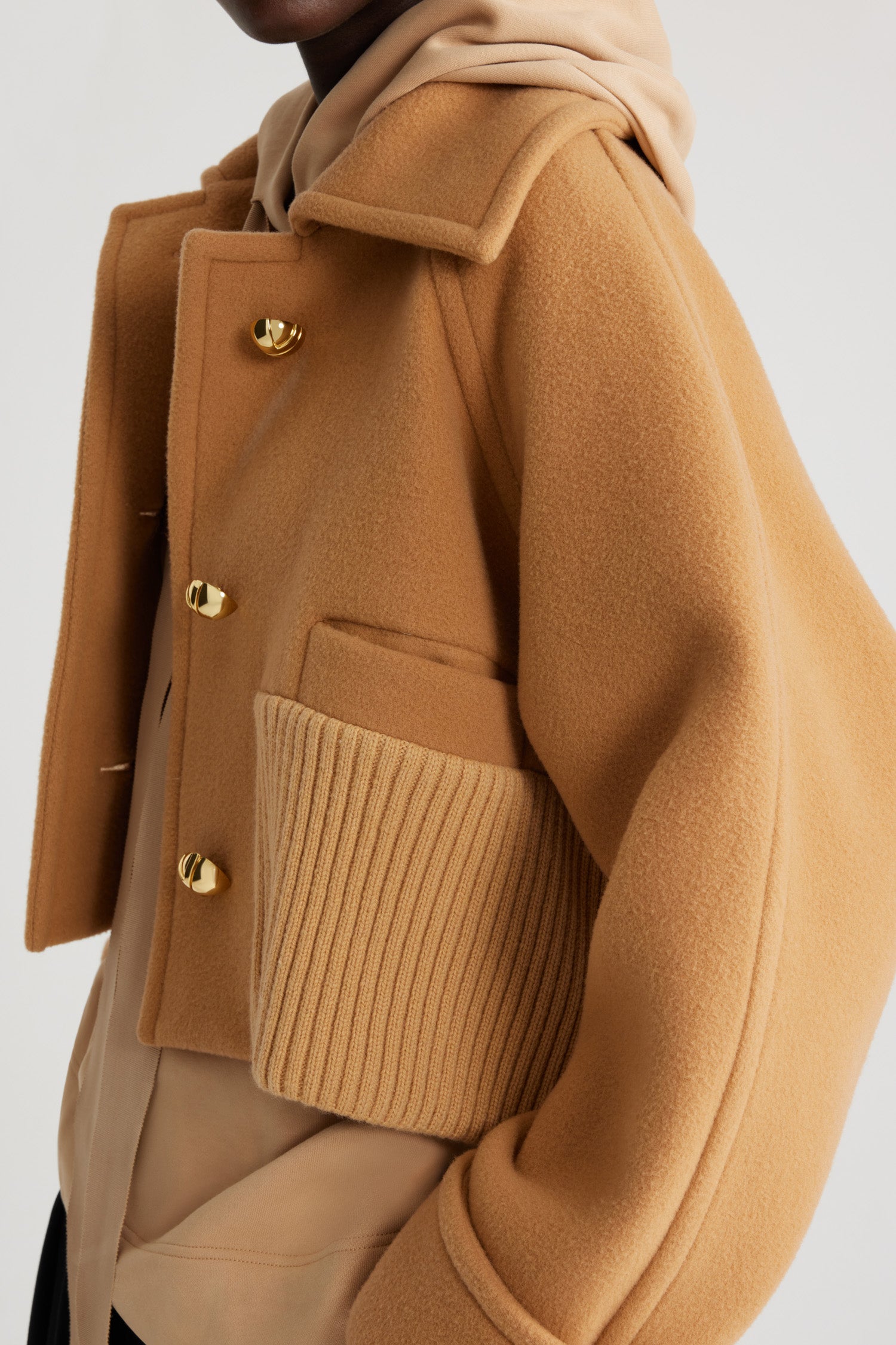 Manteau court côtelé en laine et cachemire - Biscuit