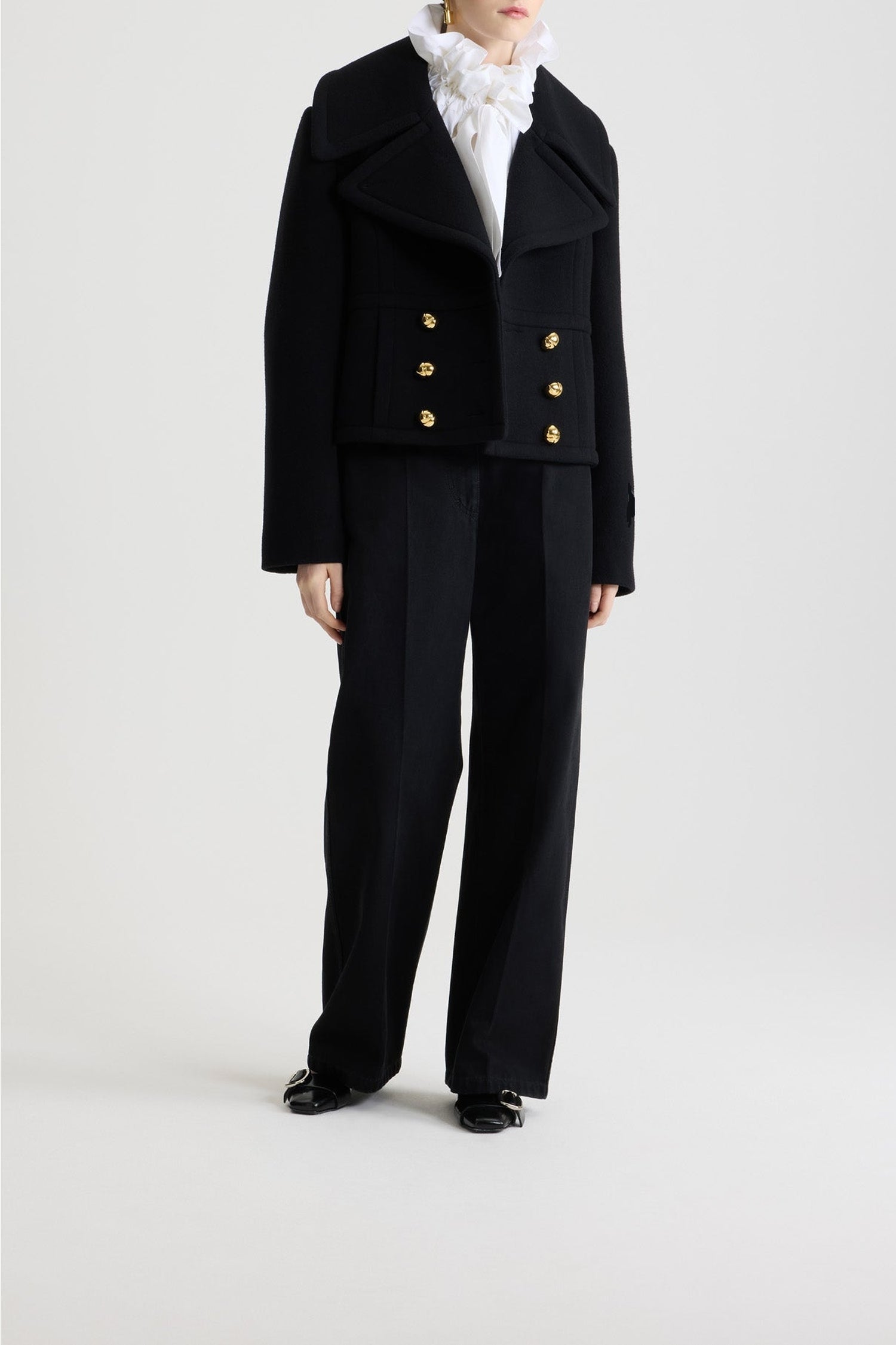 Manteau court croisé en laine - Noir