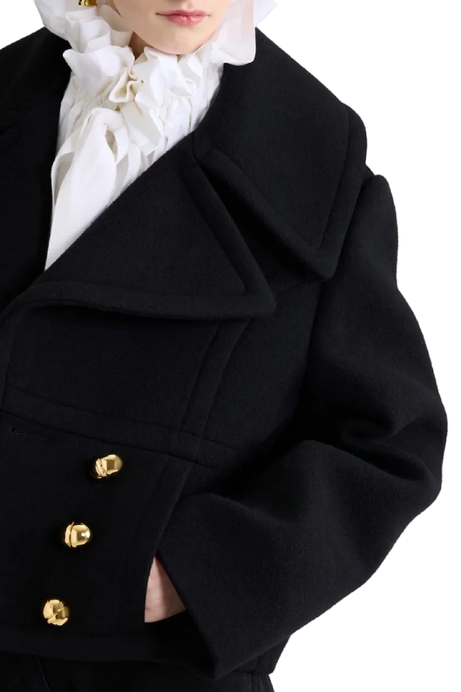 Manteau court croisé en laine - Noir