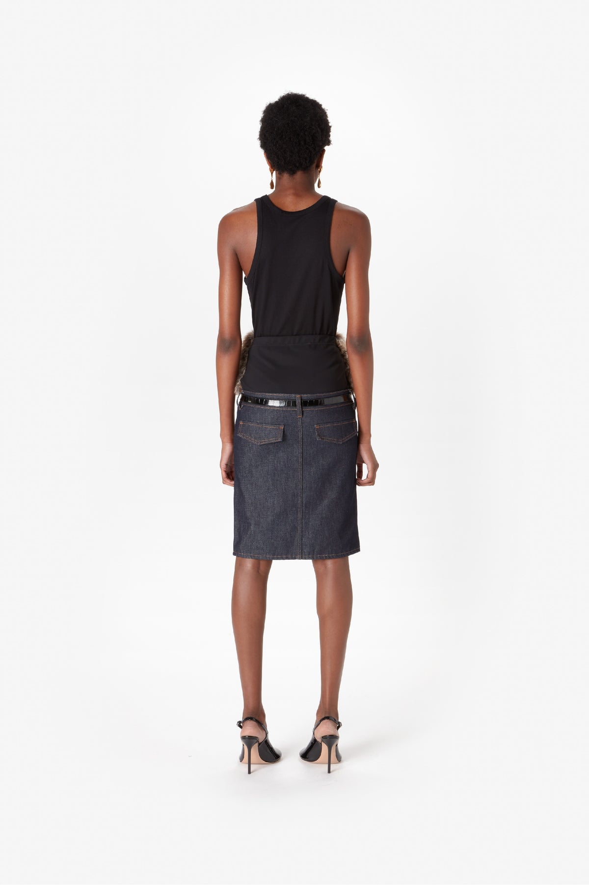 FAUX FUR HYBRID DENIM MIDI SKIRT