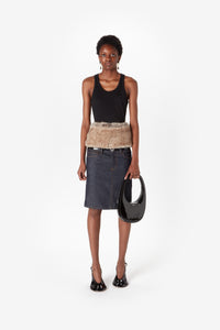 FAUX FUR HYBRID DENIM MIDI SKIRT