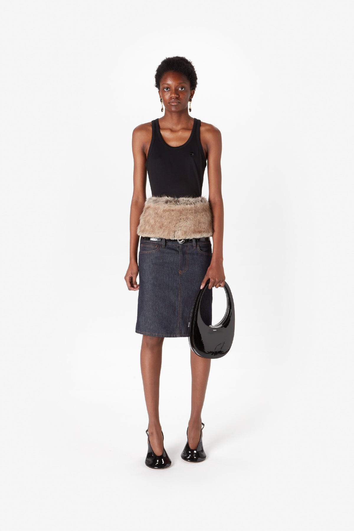 FAUX FUR HYBRID DENIM MIDI SKIRT
