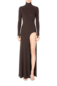 Long ribbed dress with a slit up the leg - Brown