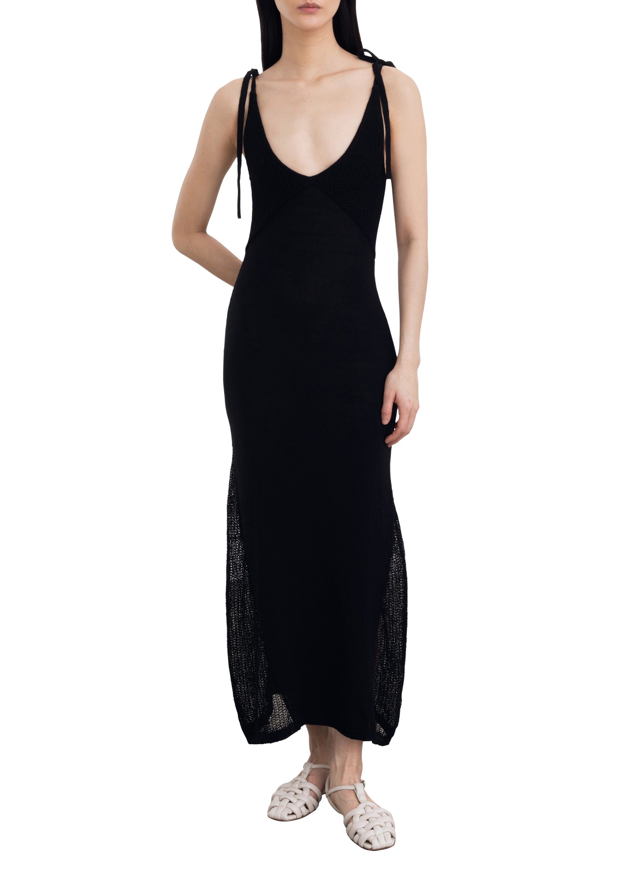 Robe longue Count à bretelles nouées en lin - Black