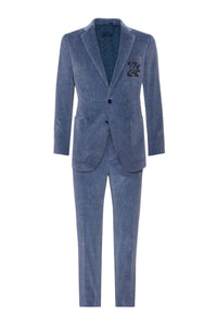 Costume à motif côtelé en velours - Bleu