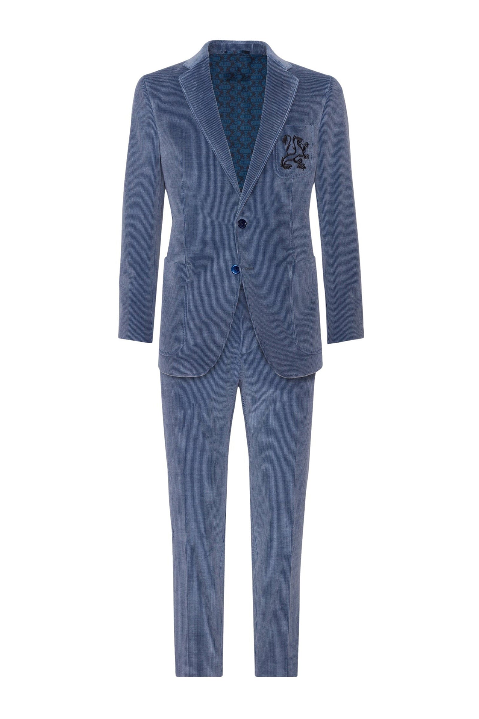 Costume à motif côtelé en velours - Bleu