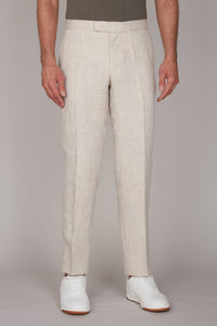 Belted structured linen trousers with darts - Beige