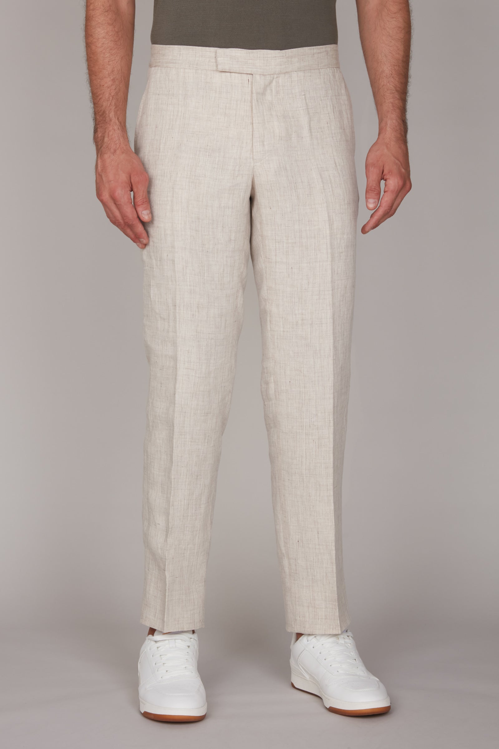Belted structured linen trousers with darts - Beige