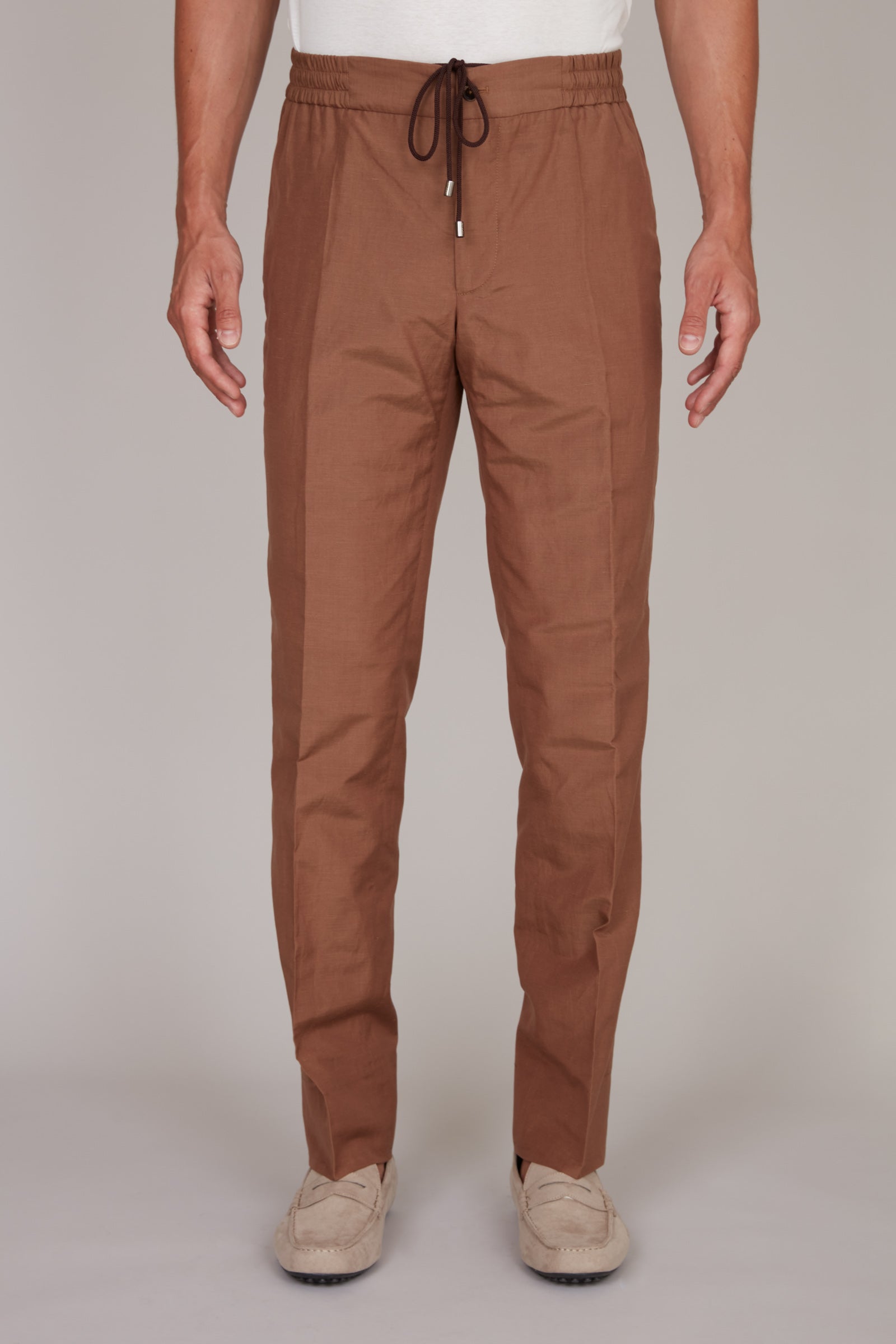 Drawstring trousers in silk and linen - Brown