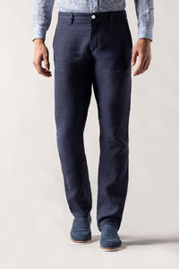 Pantalon droit chiné en lin - Bleu