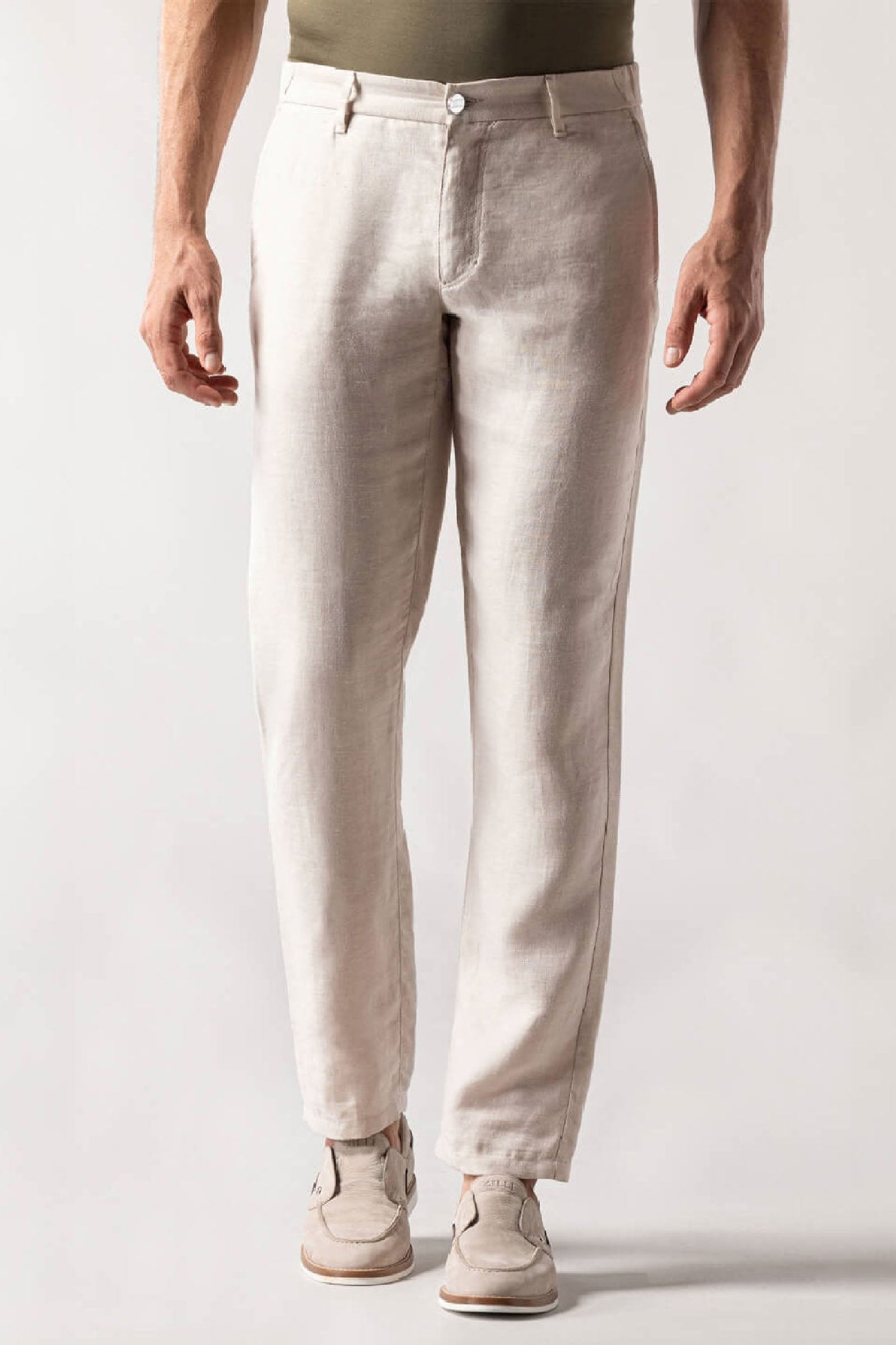Straight-leg trousers with linen texture - Green
