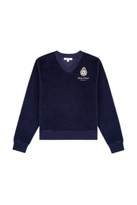 Pull à col en V Crown en velours - Bleu Marine & Crème