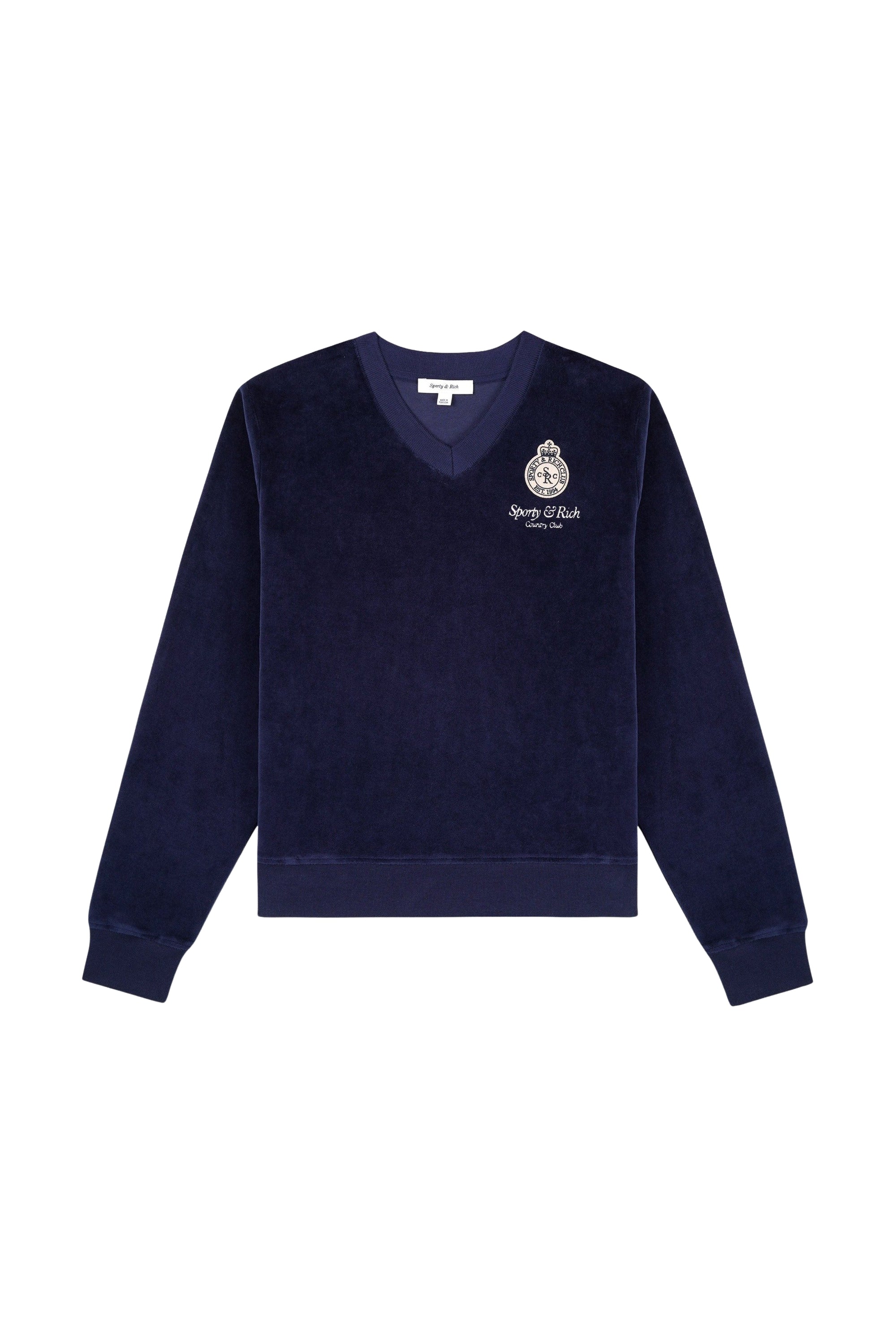 Pull à col en V Crown en velours - Bleu Marine & Crème