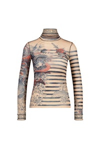 Unisex tulle printed sailor tattoo top - Nude & Blue & Red
