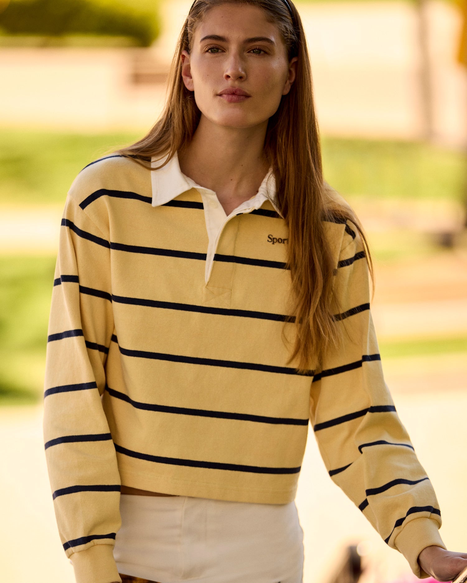 Polo de rugby avec logo Serif - Amande/Bleu marine