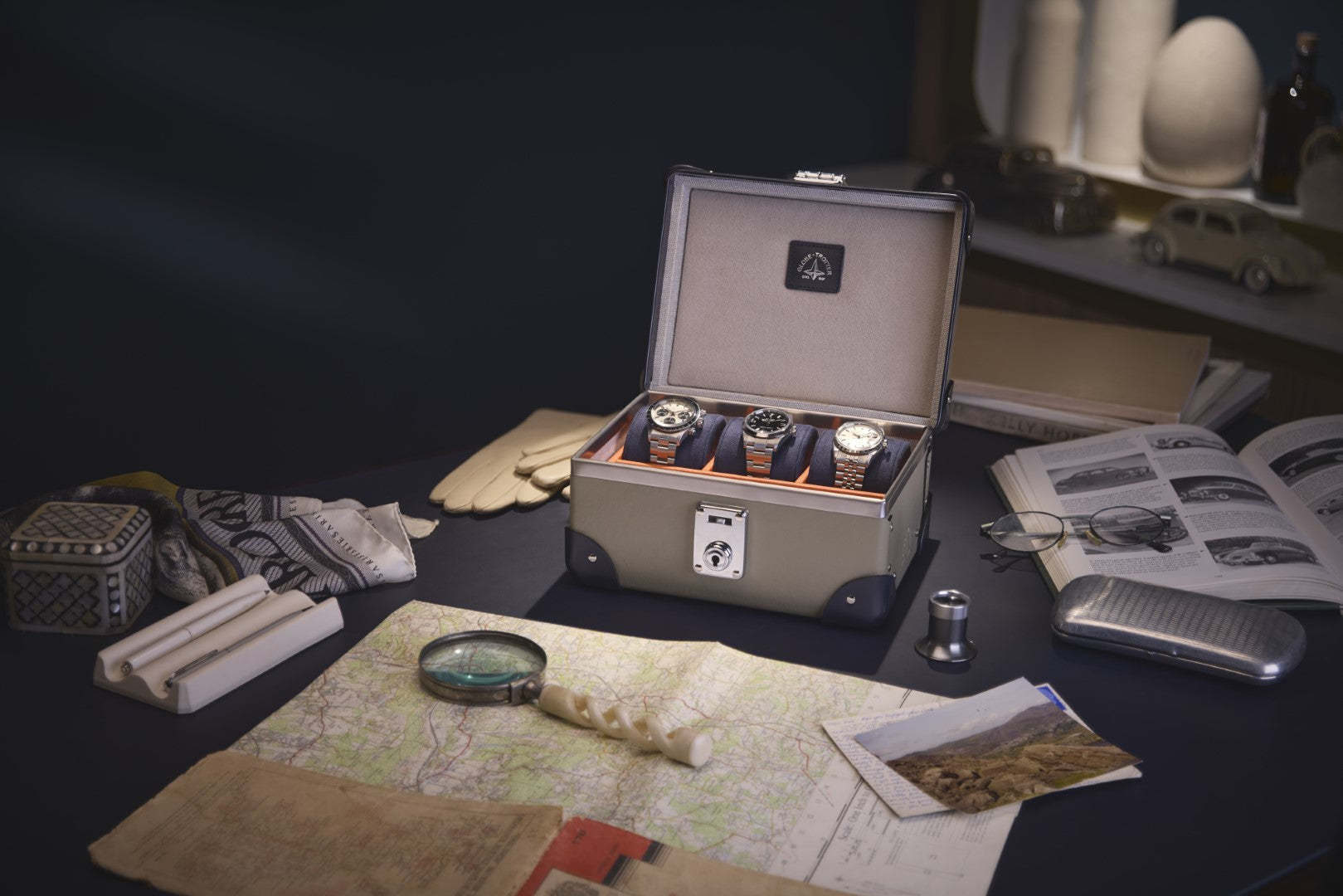 Coffret à montres Centenary 3 compartiments - Olive & Marine & Chrome