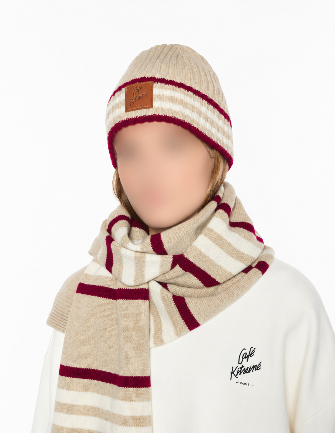 Bonnet rayé en laine - Feather Beige & Mahogany Red