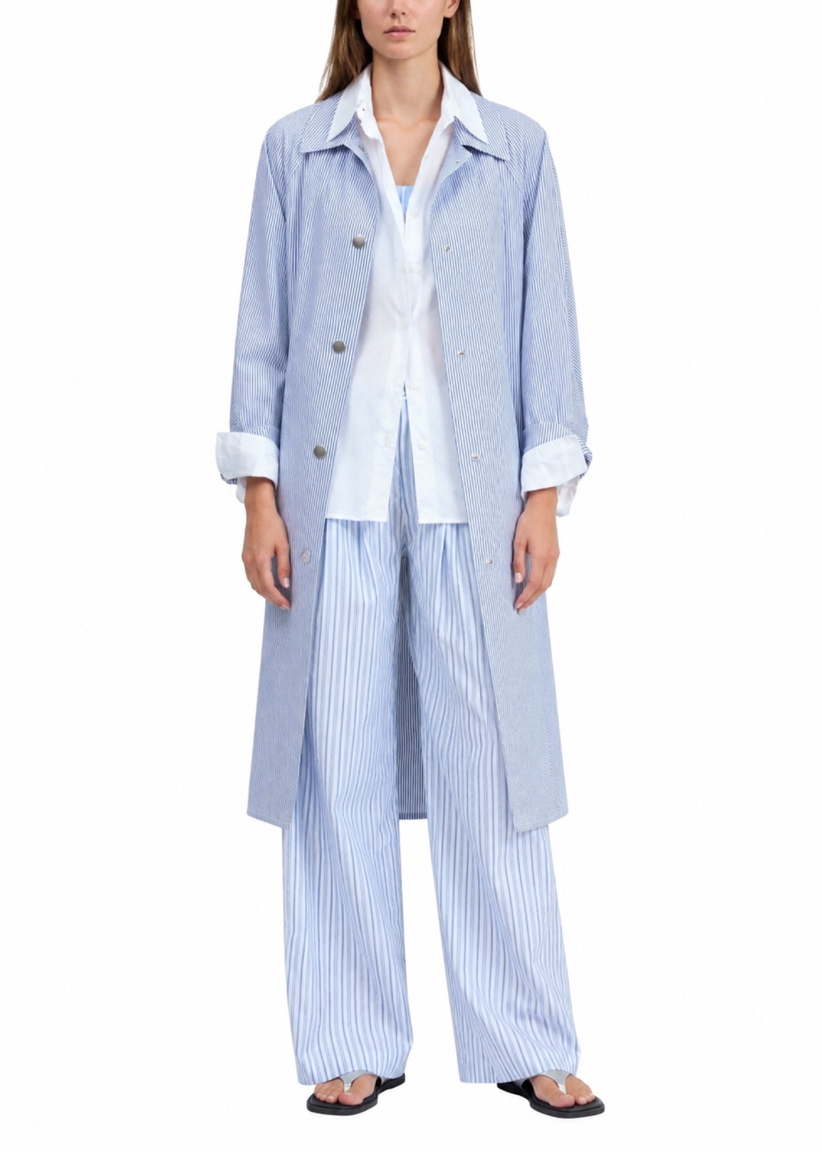 Gayle Striped Trench Coat - Sky Blue