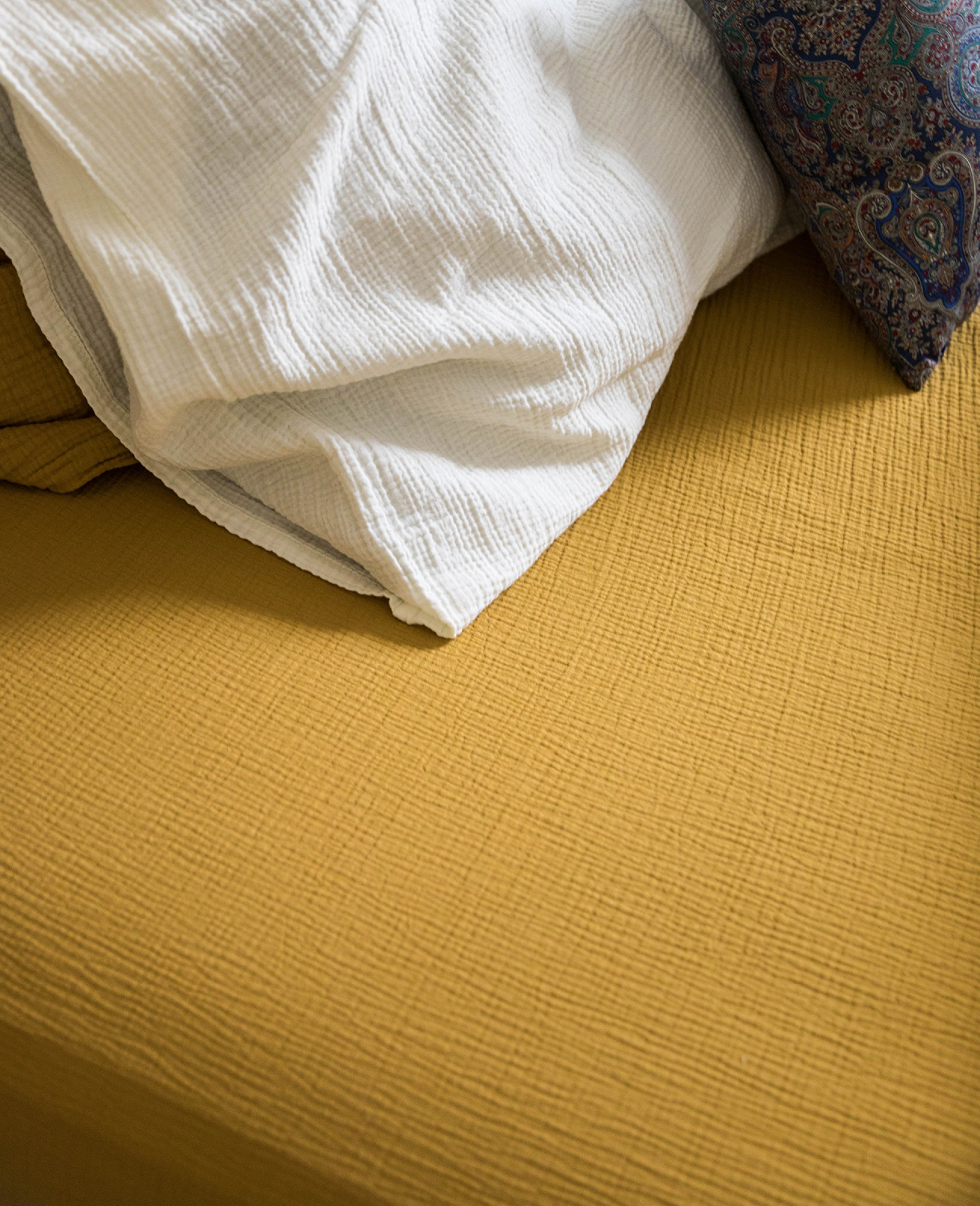 Drap-housse Como en gaze de coton - Moutarde