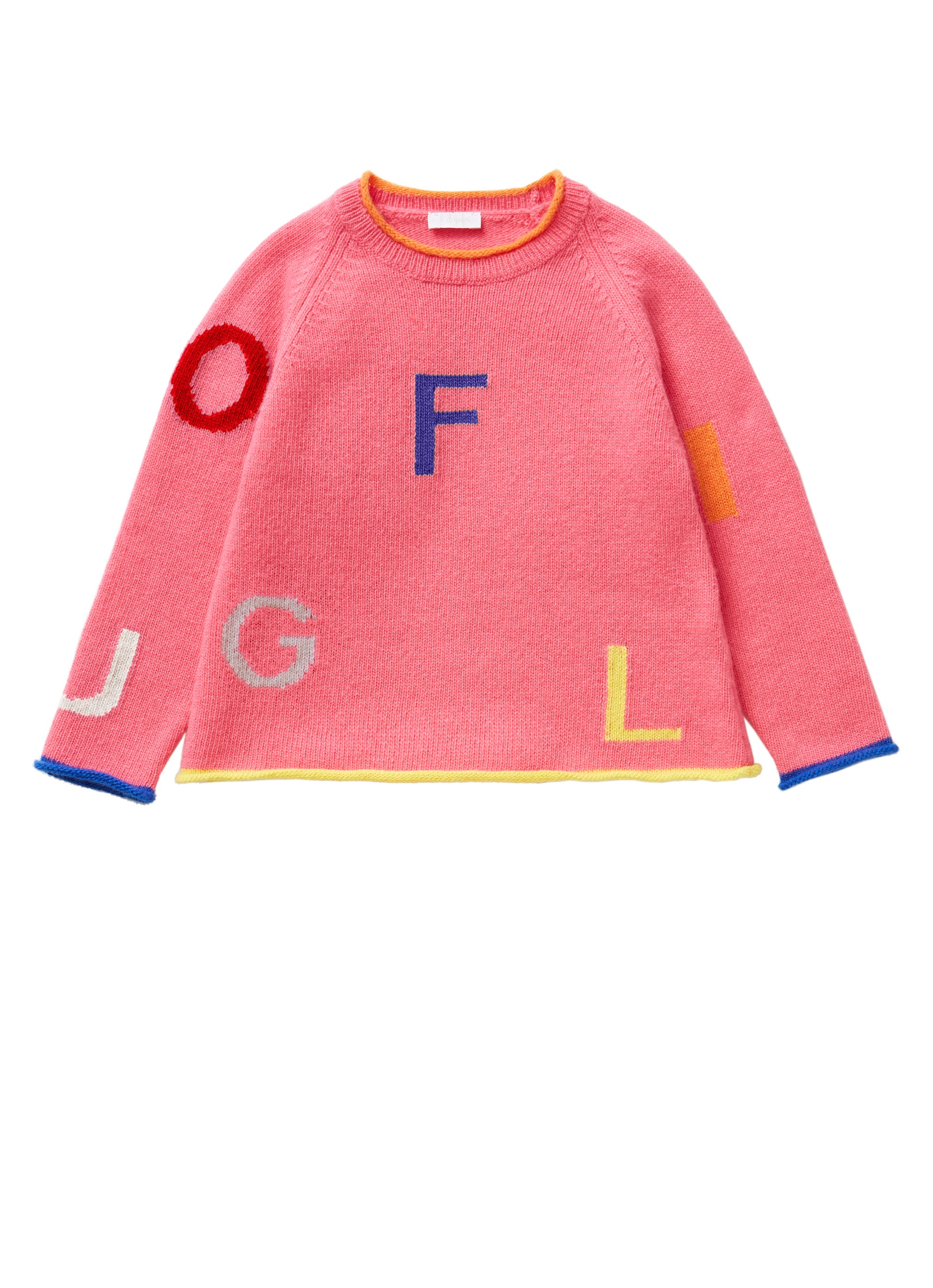 Grey sweater with coloured letters