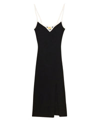 Robe longue à bretelles en laine mérinos - Noir